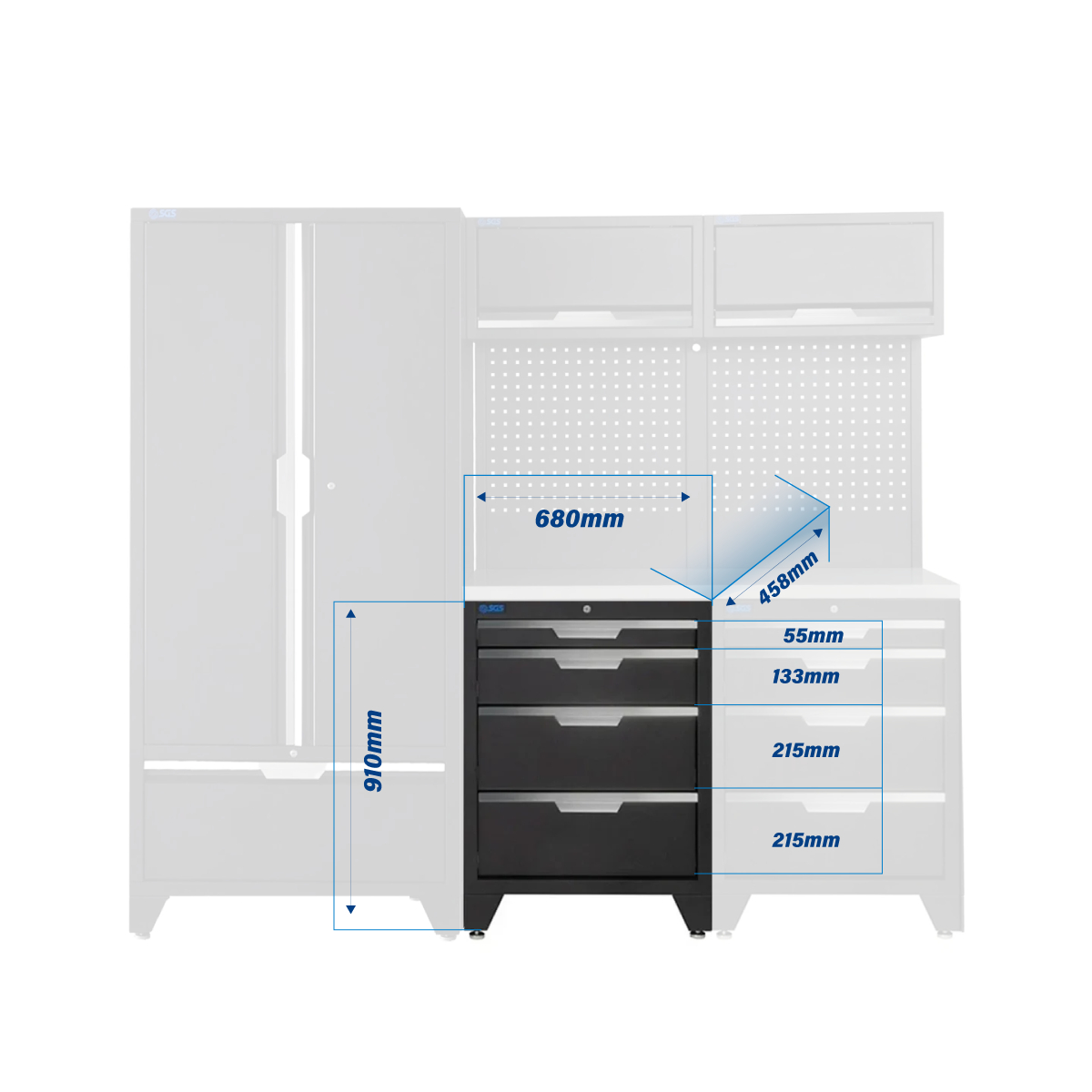 SGS 7pc Modular Garage Storage | 8 Drawers | Stainless Steel Worktop | 2x Upper Cabinets | Tall Double Cabinet with Drawer | Pegboard with Power Strip